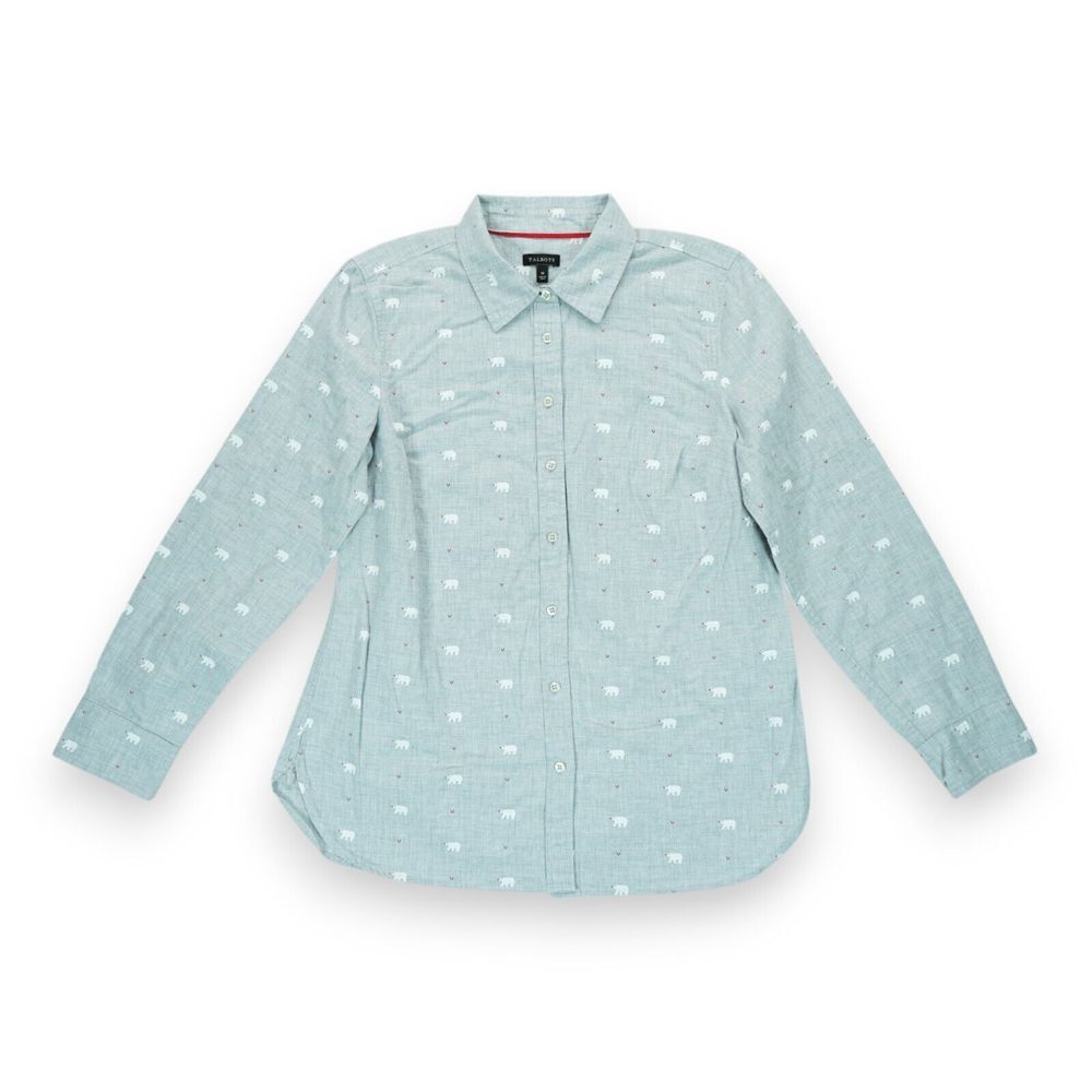 TALBOTS Women's Polar Bear Print Button Up Shirt Heather Gray Size Medium
